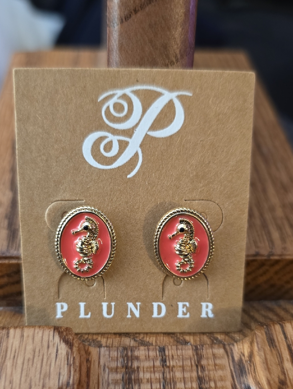 Plunder Coral Pink Enamel Seahorse Stud Earrings - Gold Accents